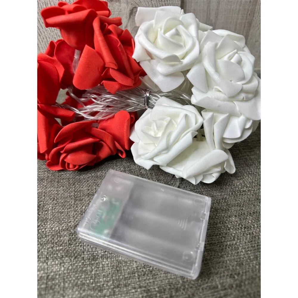Rose String Lights Battery Operated Red & White LED Flowers Decor Wedding Party